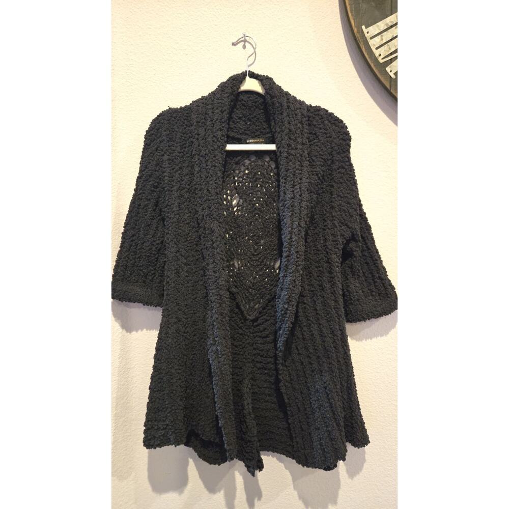 BCBG Max Azria Women's Black 3/4‎ Sleeve Open Front Crochet Knit  Cardigan S